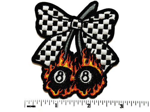 Flaming 8 Ball Bow Checkered Racing - Embroidered Iron On Patch 3”