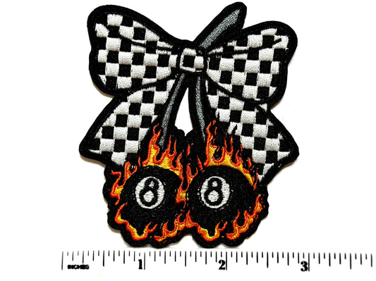 Flaming 8 Ball Bow Checkered Racing - Embroidered Iron On Patch 3”