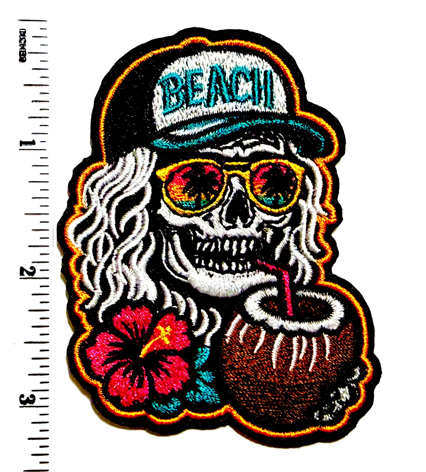 Skelly Girl Drinking Beach patch - Embroidered Iron On Patch 3.25”