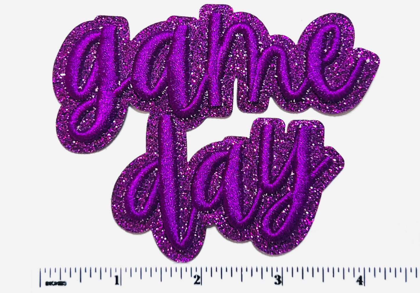 Game Day Purple puff letters - Embroidered Iron on patch with glitter background