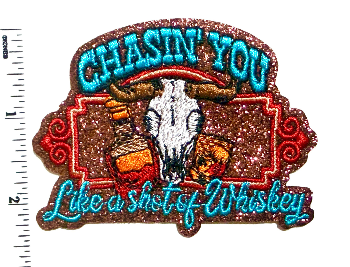 Chasing you like a shot of Whiskey Patch – Turquoise with brown glitter Iron-On Applique