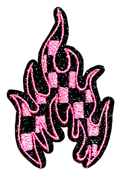 Checkered Flames - Embroidered Iron On Patches 3.5”