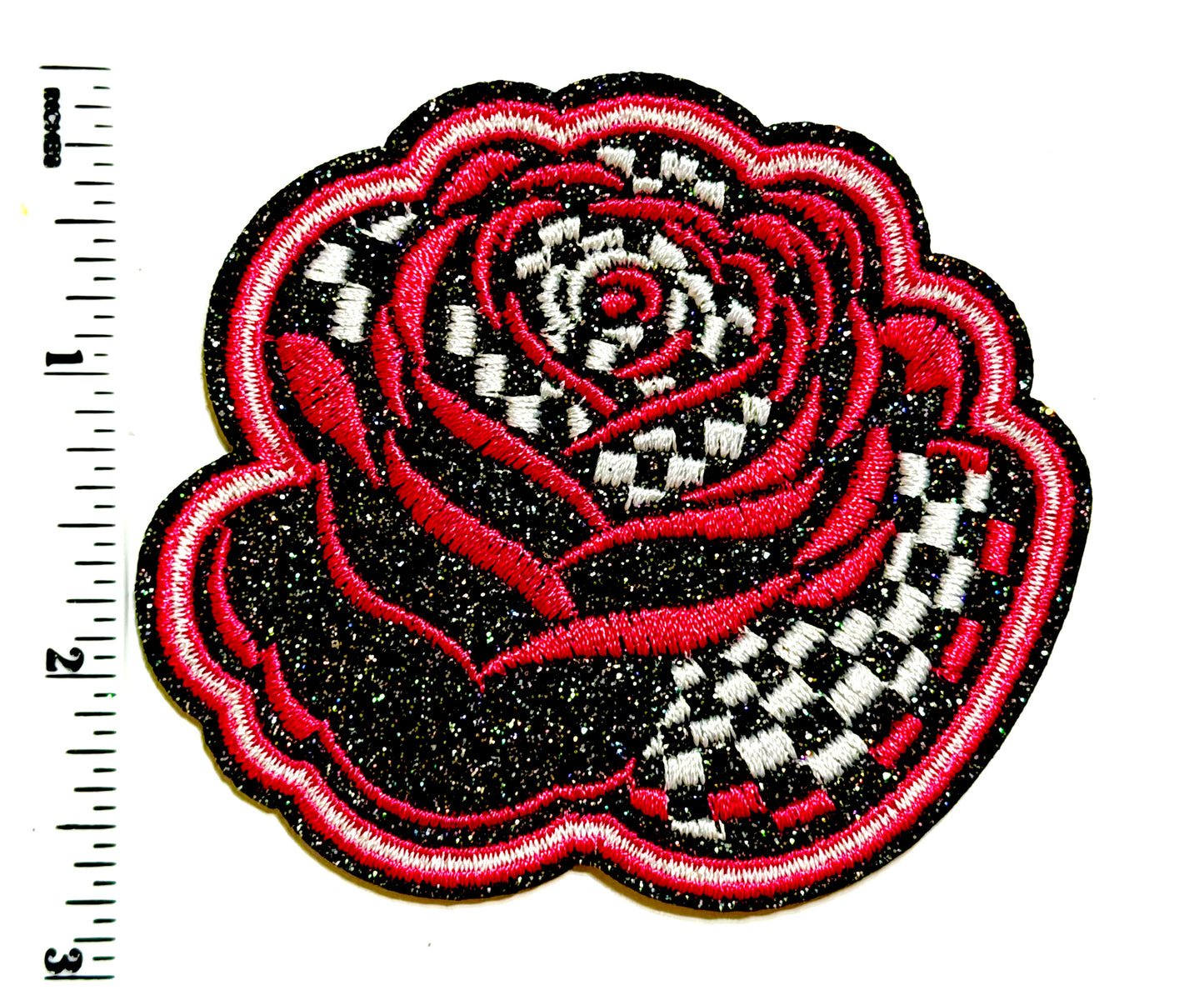 Roses checkered & glittered - Embroidered Iron On Patch 3.25”