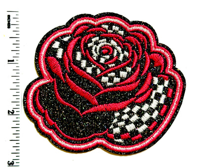 Roses checkered & glittered - Embroidered Iron On Patch 3.25”