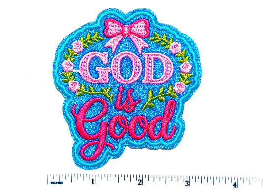 God is Good Embroidered Iron On Patch with blue glitter , DIY Applique