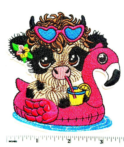 Highland Cow Flamingo Float Embroidered Patch – DIY Iron-On Applique