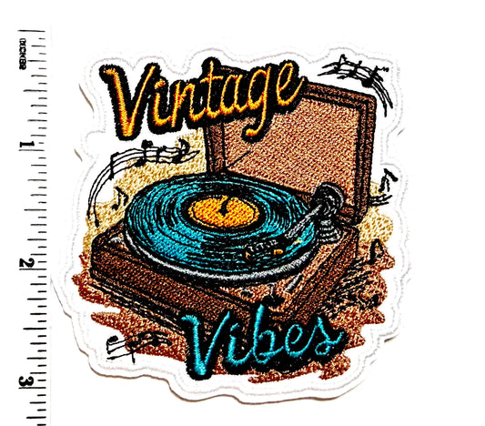Vintage Vibes, Old Record Player Embroidered Iron On Patch 3”