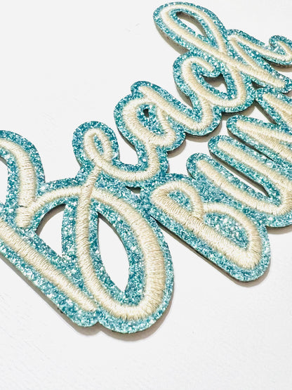Beach Bum - Embroidered Iron on patch with blue glitter