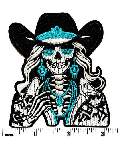 Turquoise Skeleton Cowgirl - Embroidered Iron on patch 3.25”