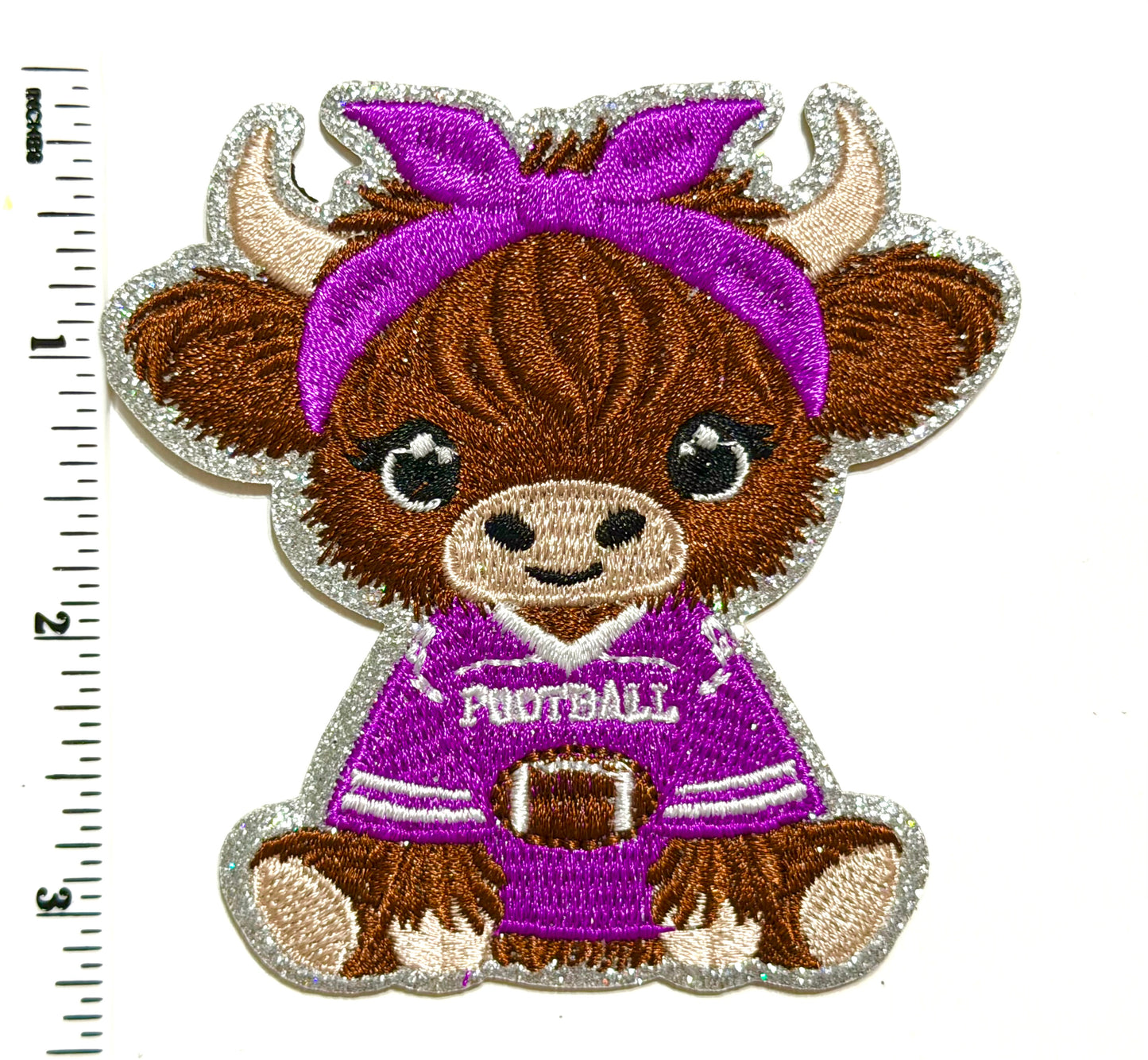 Highland Cow with Purple Football uniform - Embroidered Iron On Patch 3.25”