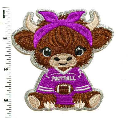 Highland Cow with Purple Football uniform - Embroidered Iron On Patch 3.25”