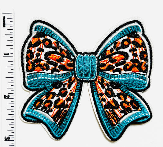 Turquoise & Leopard print bow patch - 3.25” Embroidered