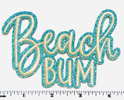 Beach Bum - Embroidered Iron on patch with blue glitter