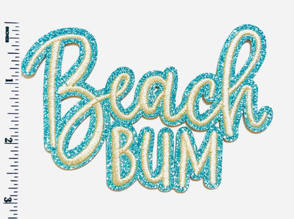 Beach Bum - Embroidered Iron on patch with blue glitter