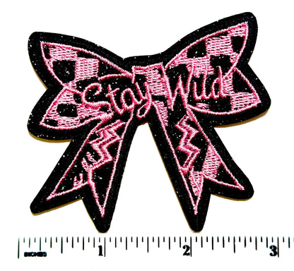 Stay Wild bow -  Embroidered Iron-On Patch with glitter 3”