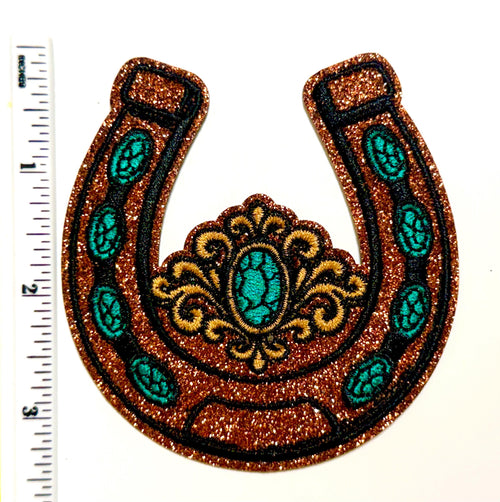 Horseshoe decorative brown glitter and turquoise Embroidered iron on patch 3.5”