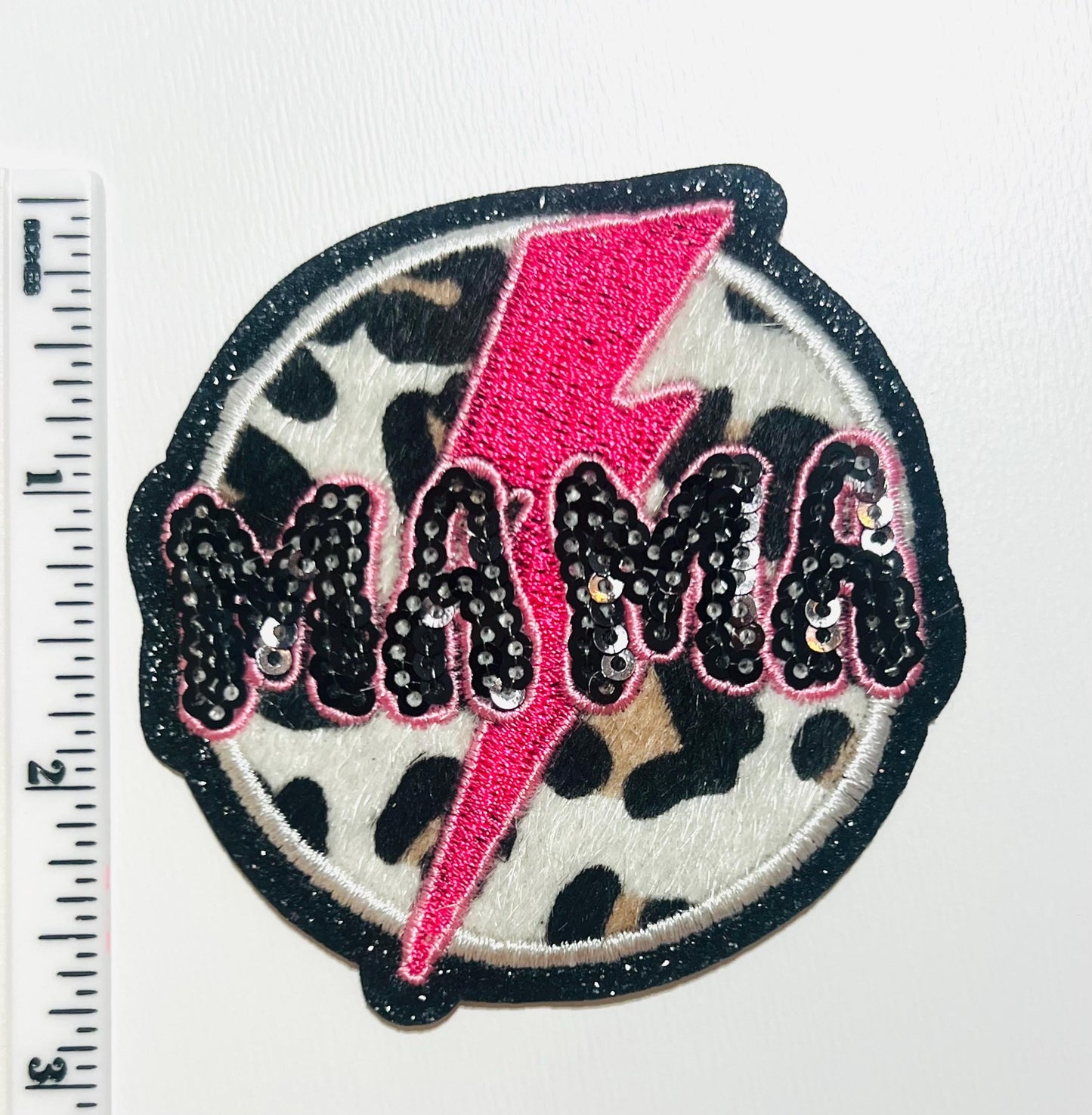 Mama with pink lightning bolt - Embroidered & Sequins Iron on patch
