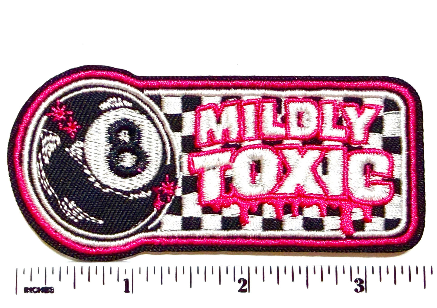 Mildly toxic checkered 8-ball patch - Embroidered Iron on patch 3.5”