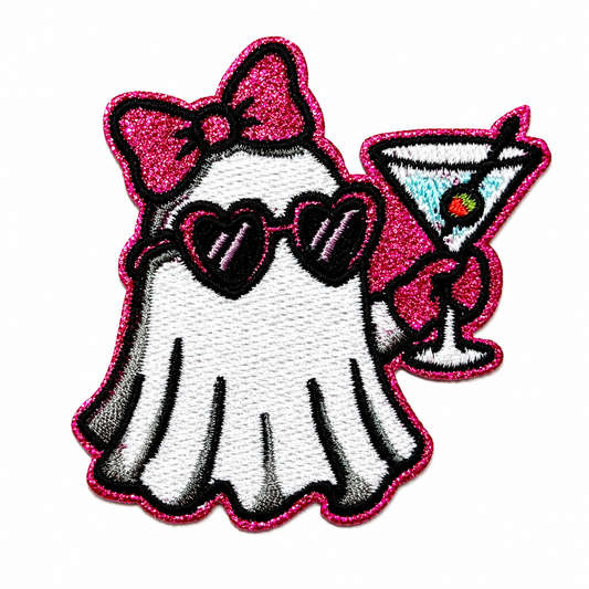Halloween Ghost with Martini patch - Embroidered Iron on patch 2.5”