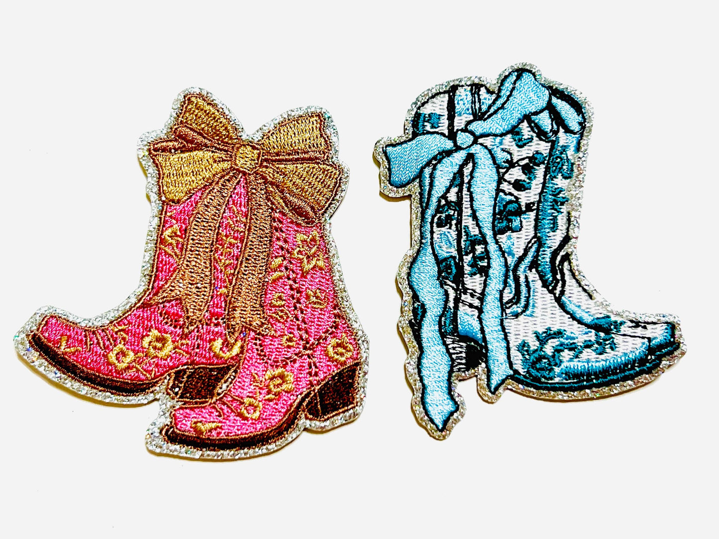 Cowgirl Boot patches - Embroidered DIY Iron on patch with bow and glitter