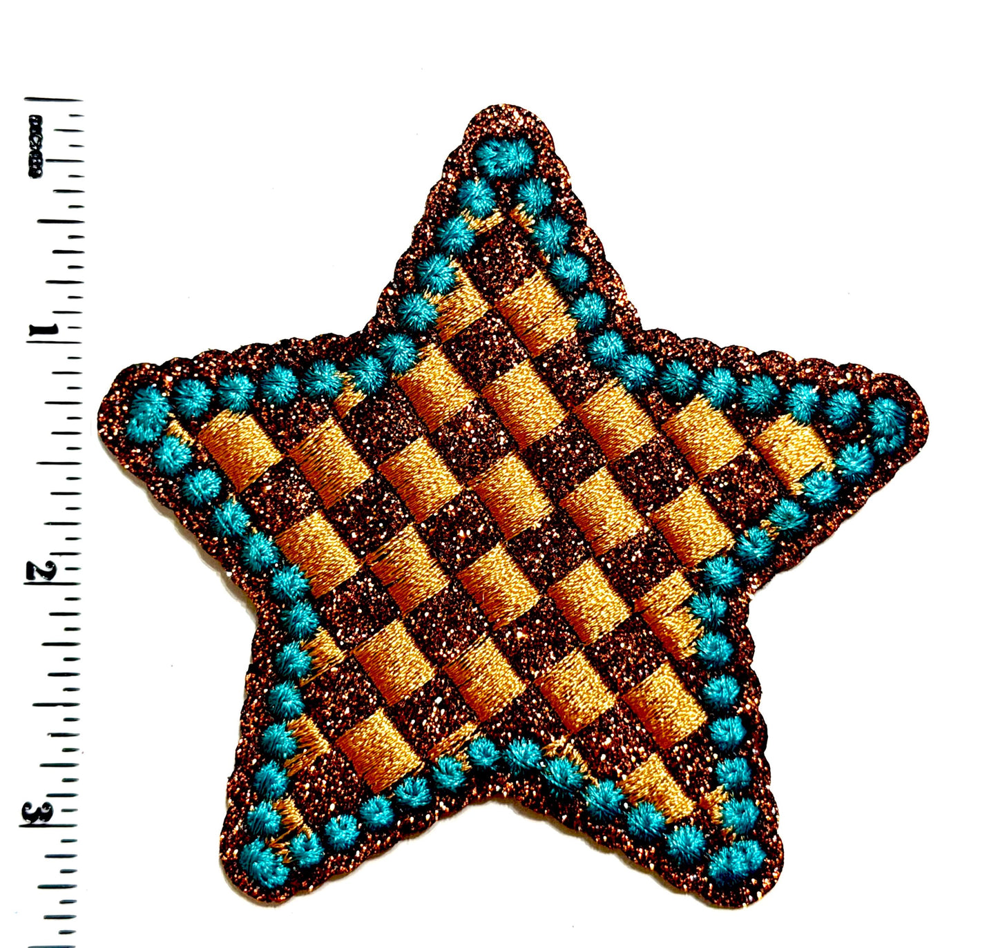 Turquoise & Checkered Brown Glitter patches, Bow and Star - Iron On DIY Applique