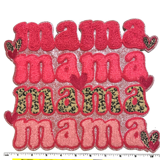 Mama - Chenille Iron on patch with pink glitter outline