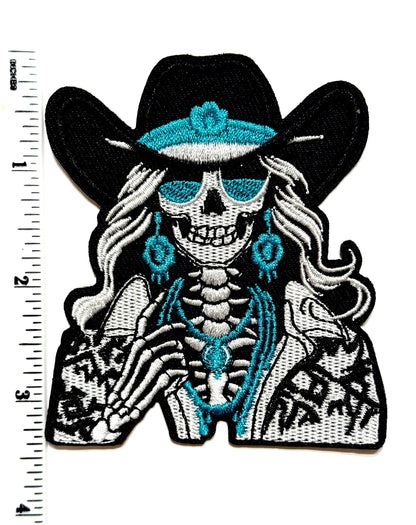 Turquoise Skeleton Cowgirl - Embroidered Iron on patch 3.25”