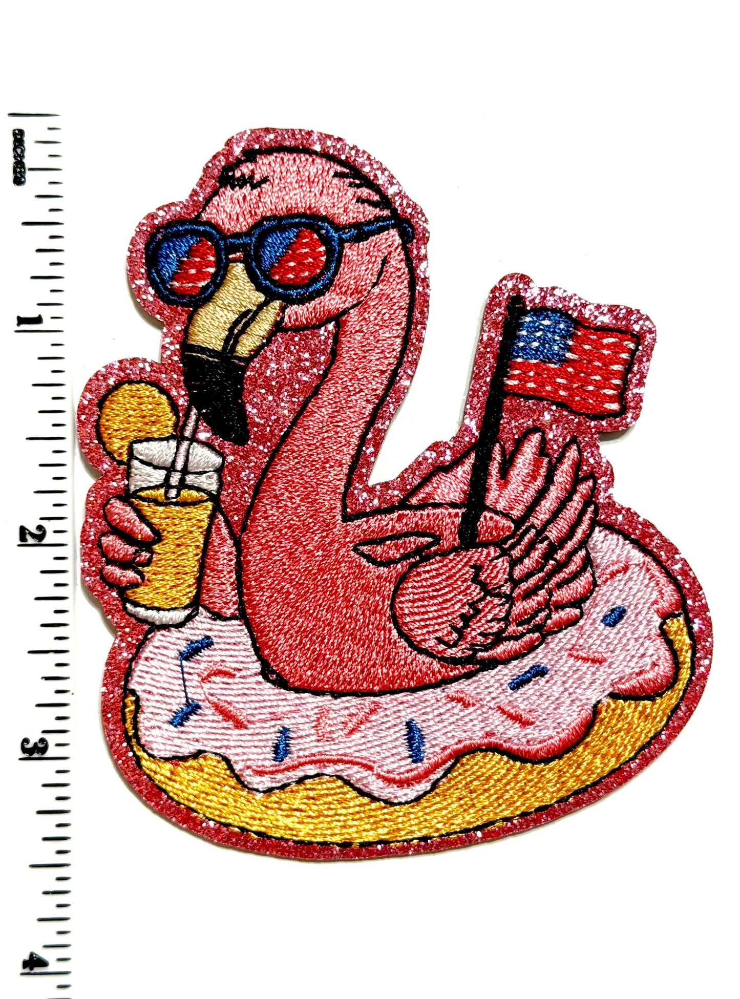 Embroidered Pink Flamingo – Glittery Patriotic Donut Float 3.25”
