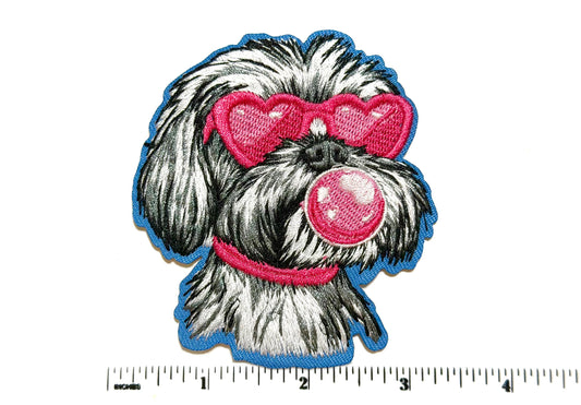 Yorkie with pink sunglasses and bubblegum bubble - Embroidered iron on patch 3.25