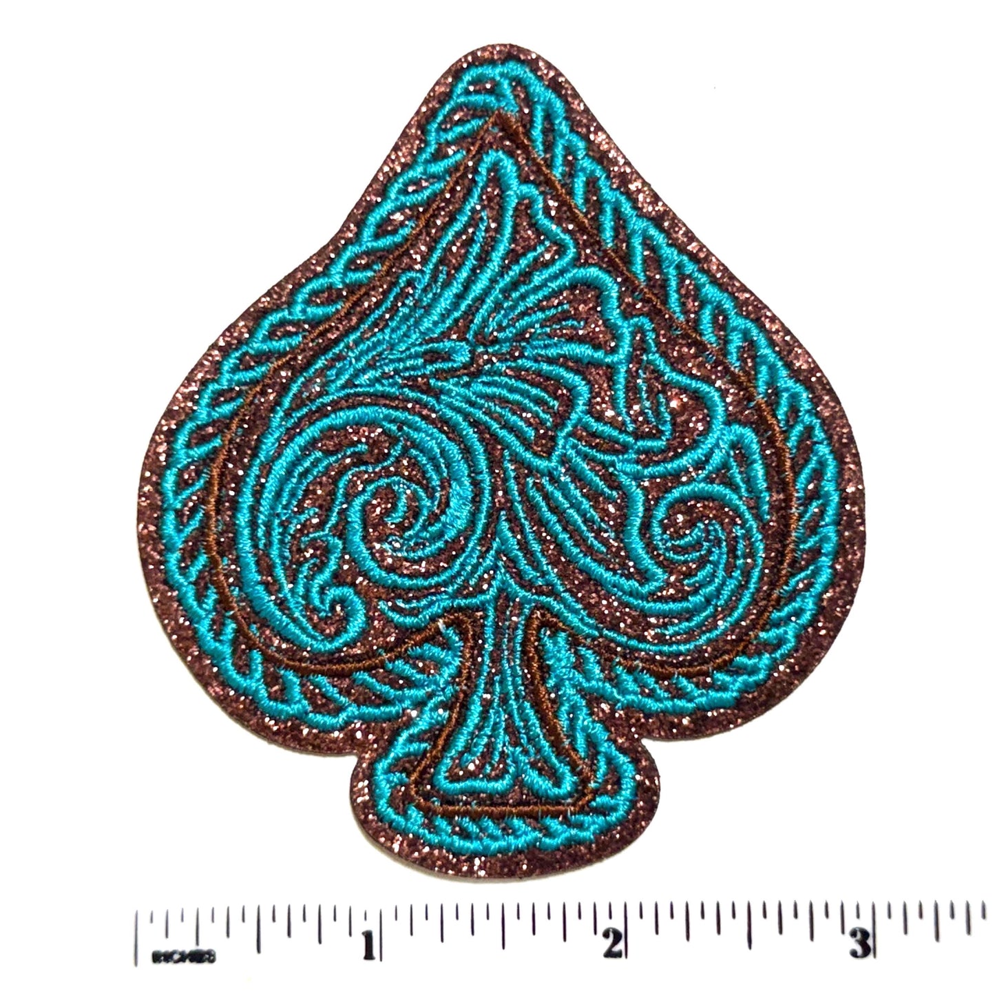 Spade or Lightning Bolt decorative brown glitter and turquoise - Embroidered Iron-On patch 3.5”
