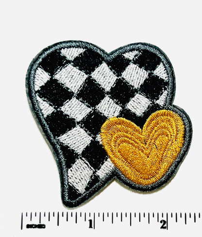 Checkered Heart - Embroidered Iron on patch 2.5”
