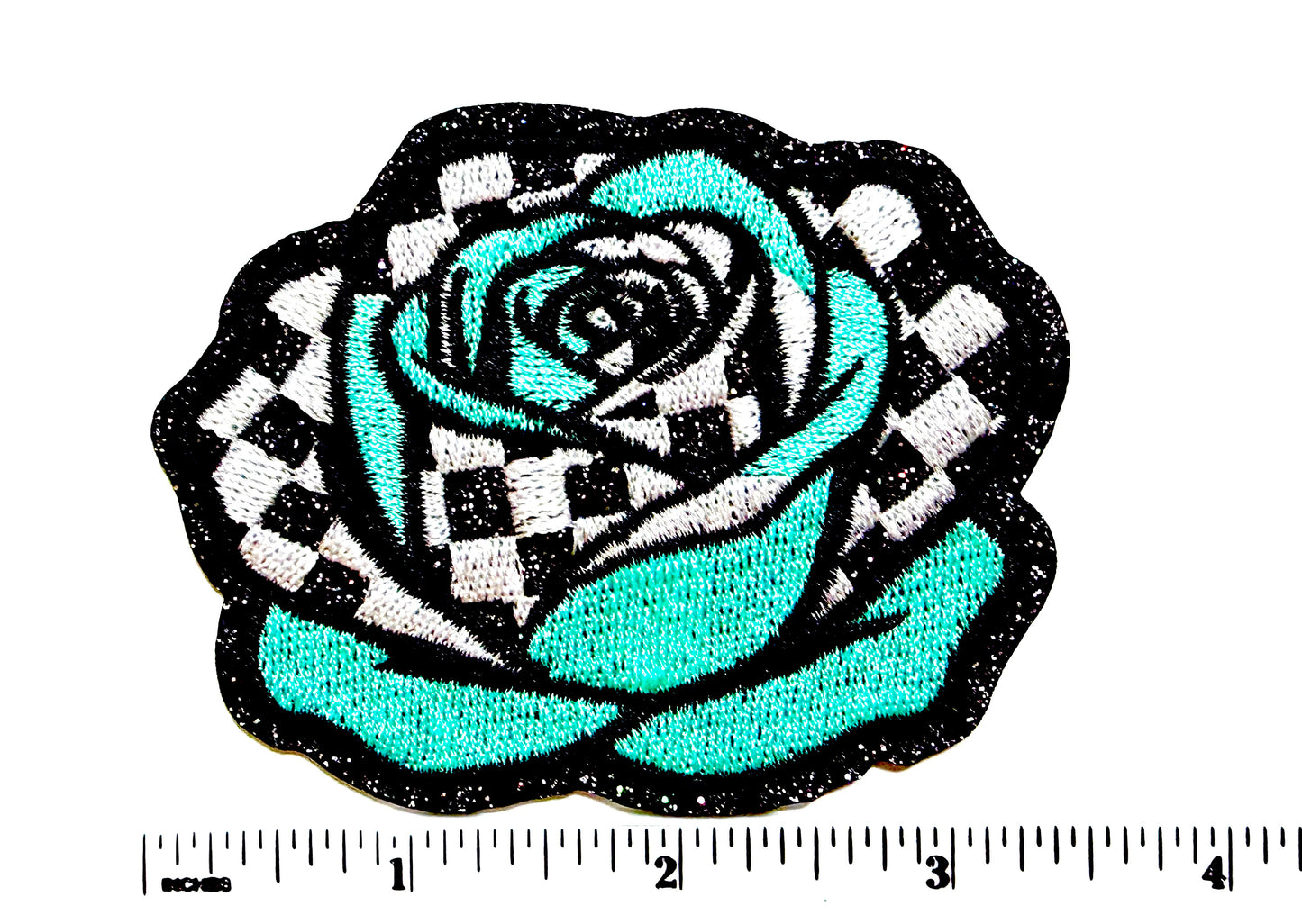 Rose Checkered Teal & glittered - Embroidered Iron On Patch 3.25”