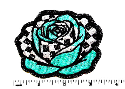 Rose Checkered Teal & glittered - Embroidered Iron On Patch 3.25”