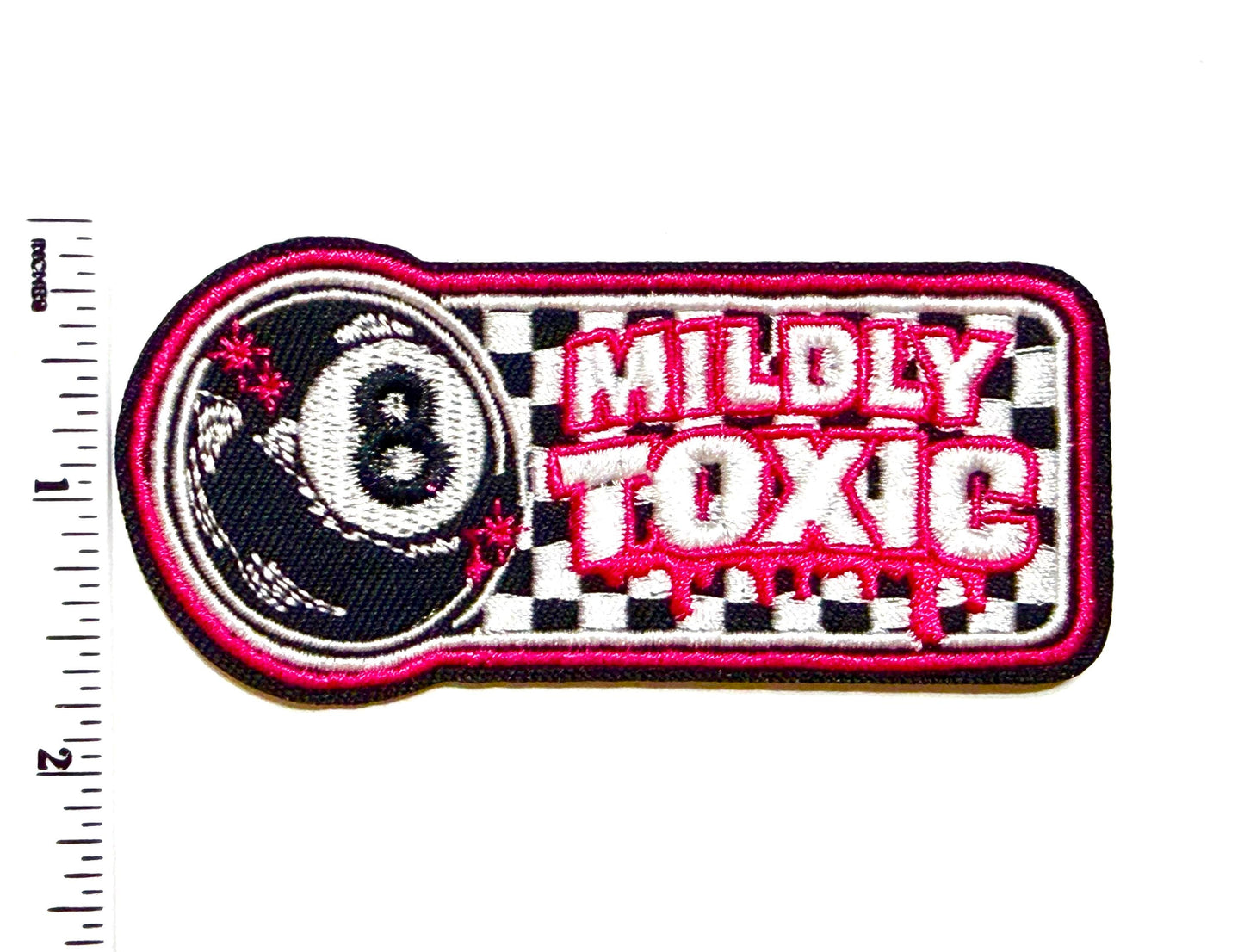 Mildly toxic checkered 8-ball patch - Embroidered Iron on patch 3.5”