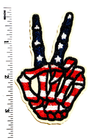 Skelly Hand Peace Sign with American Flag - Embroidered Iron On Patch 3.25”