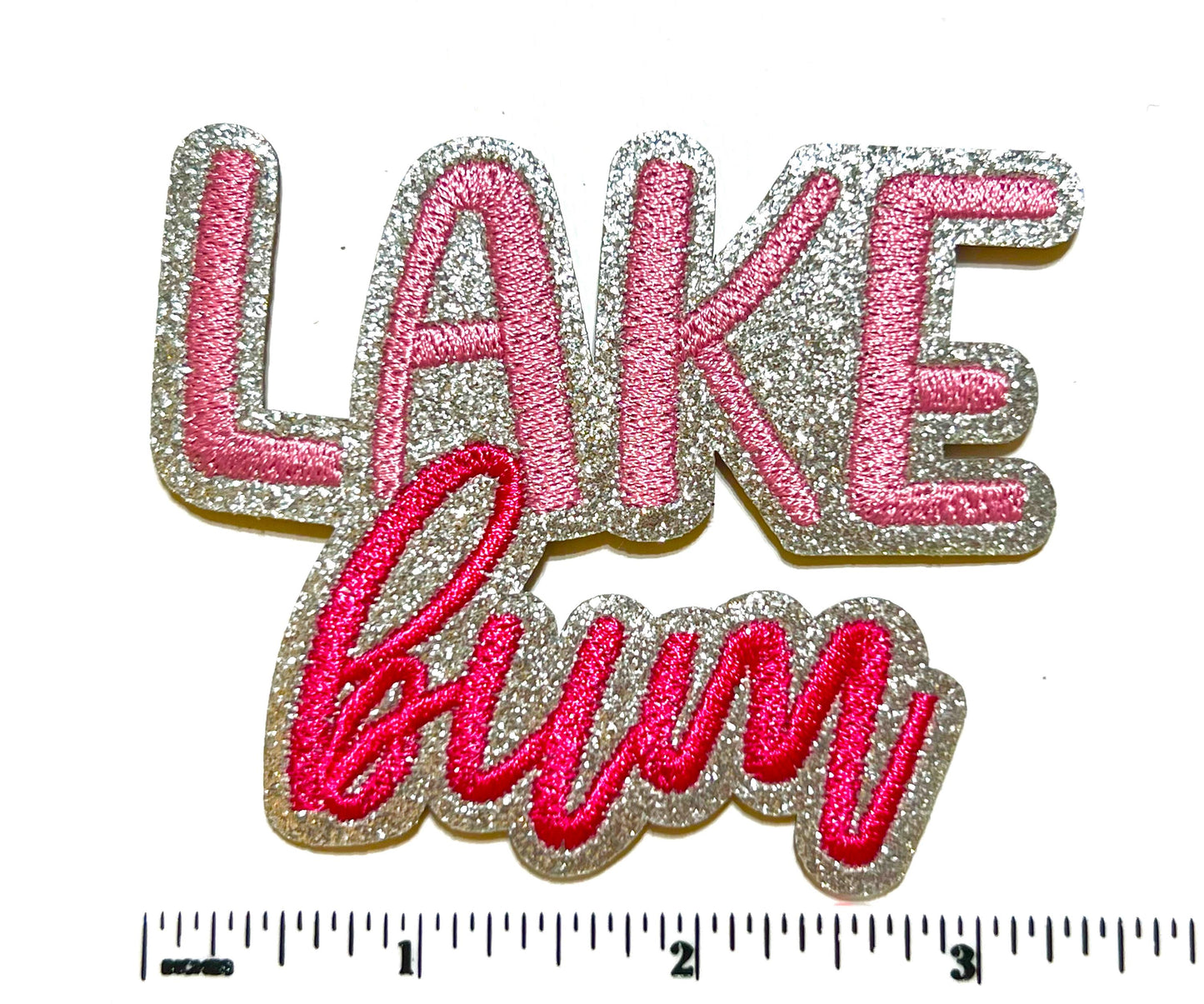 Lake Bum - Embroidered Iron on patch with silver glitter 3.5”