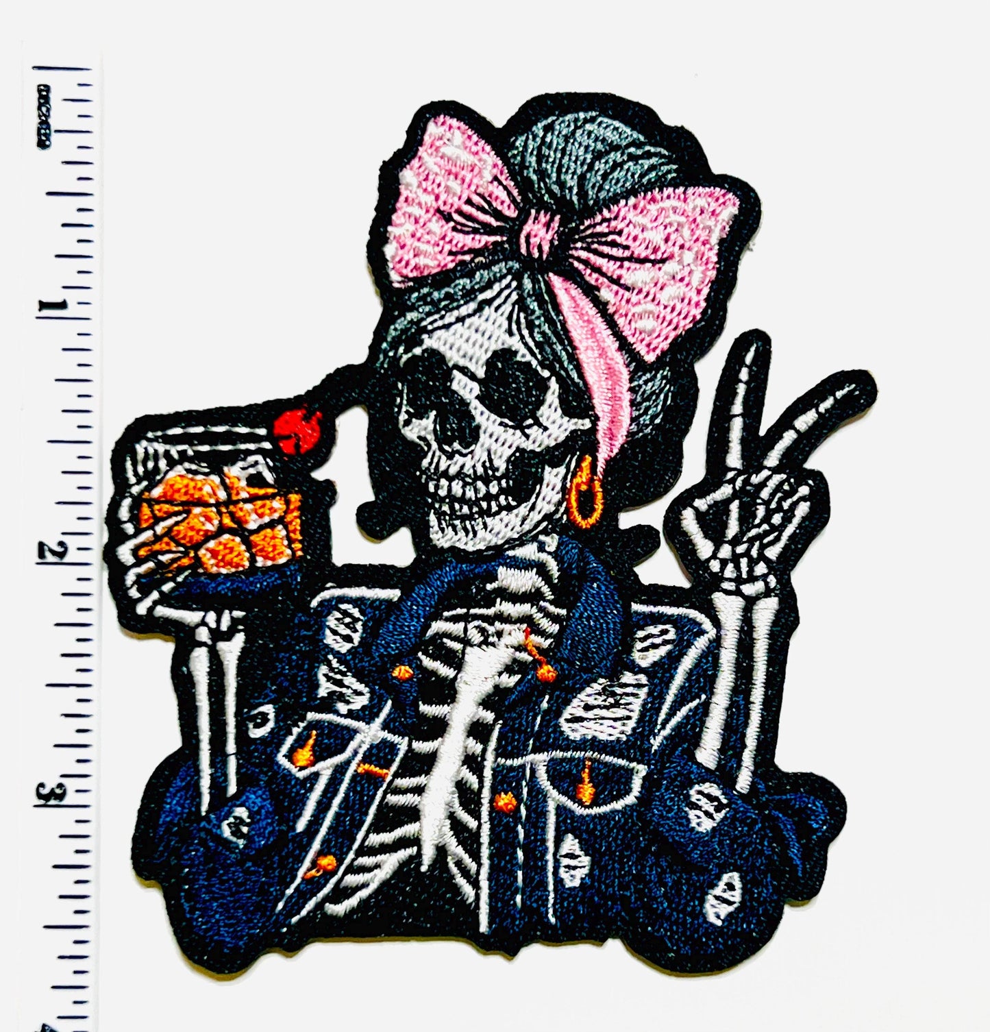 Skeleton Girl with whiskey, bow & earrings - Embroidered Iron on patch 3.5”
