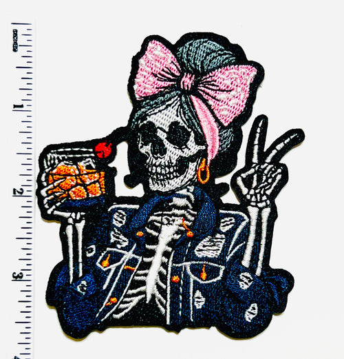 Skeleton Girl with whiskey, bow & earrings - Embroidered Iron on patch 3.5”
