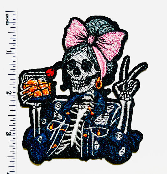 Skeleton Girl with whiskey, bow & earrings - Embroidered Iron on patch 3.5”
