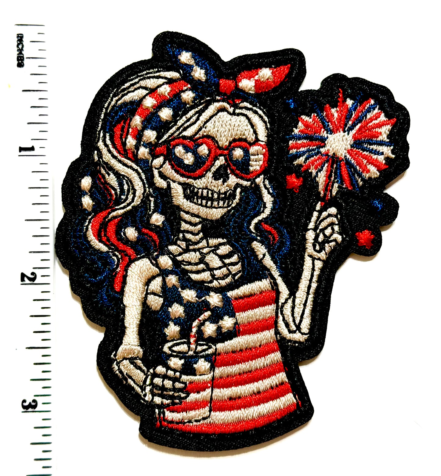 Patriotic Skelly Girl Sparkler - Embroidered Iron On Patch 3.25”