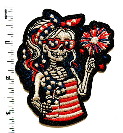 Patriotic Skelly Girl Sparkler - Embroidered Iron On Patch 3.25”