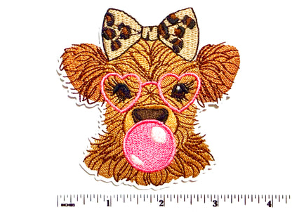 Highland Cow with pink sunglasses and bubblegum - Embroidered Iron on patch 3.25”