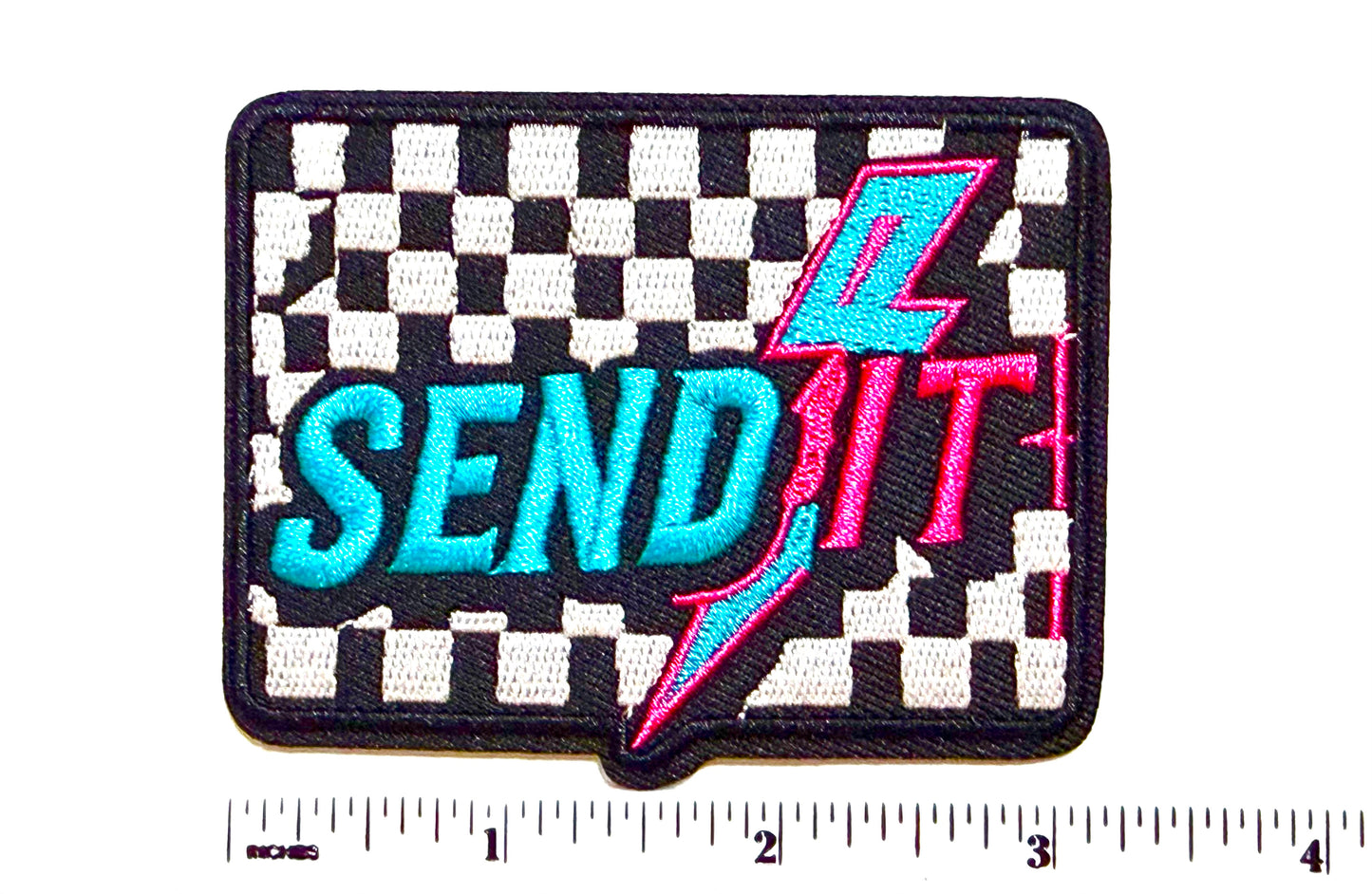 Send It checkered racing patch - Embroidered iron on patch 3”