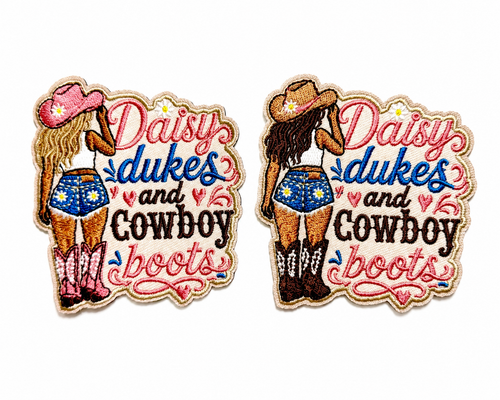 Daisy Dukes & Cowboy Boots patch - Embroidered Iron On Patch 3.25”