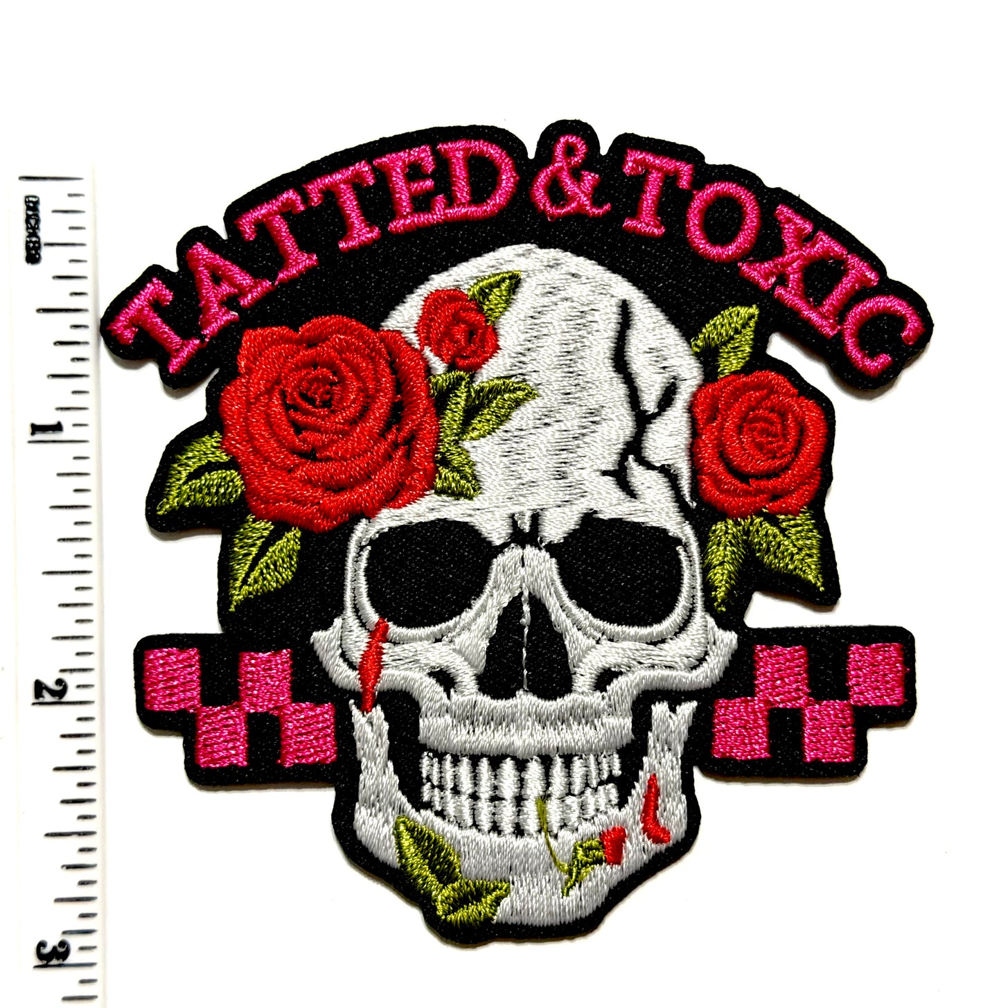 Tatted and Toxic skull with roses patch - Embroidered Iron On Patch 3.25”