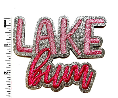 Lake Bum - Embroidered Iron on patch with silver glitter 3.5”
