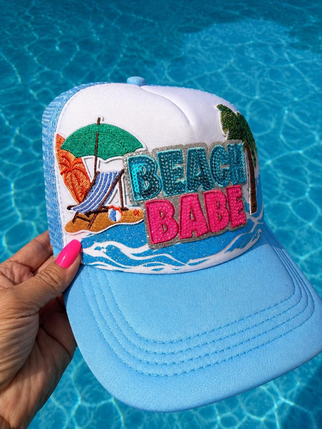 Beach Babe Trucker Hat | Sequin Palm Patch Summer Pool Vacation Accessory