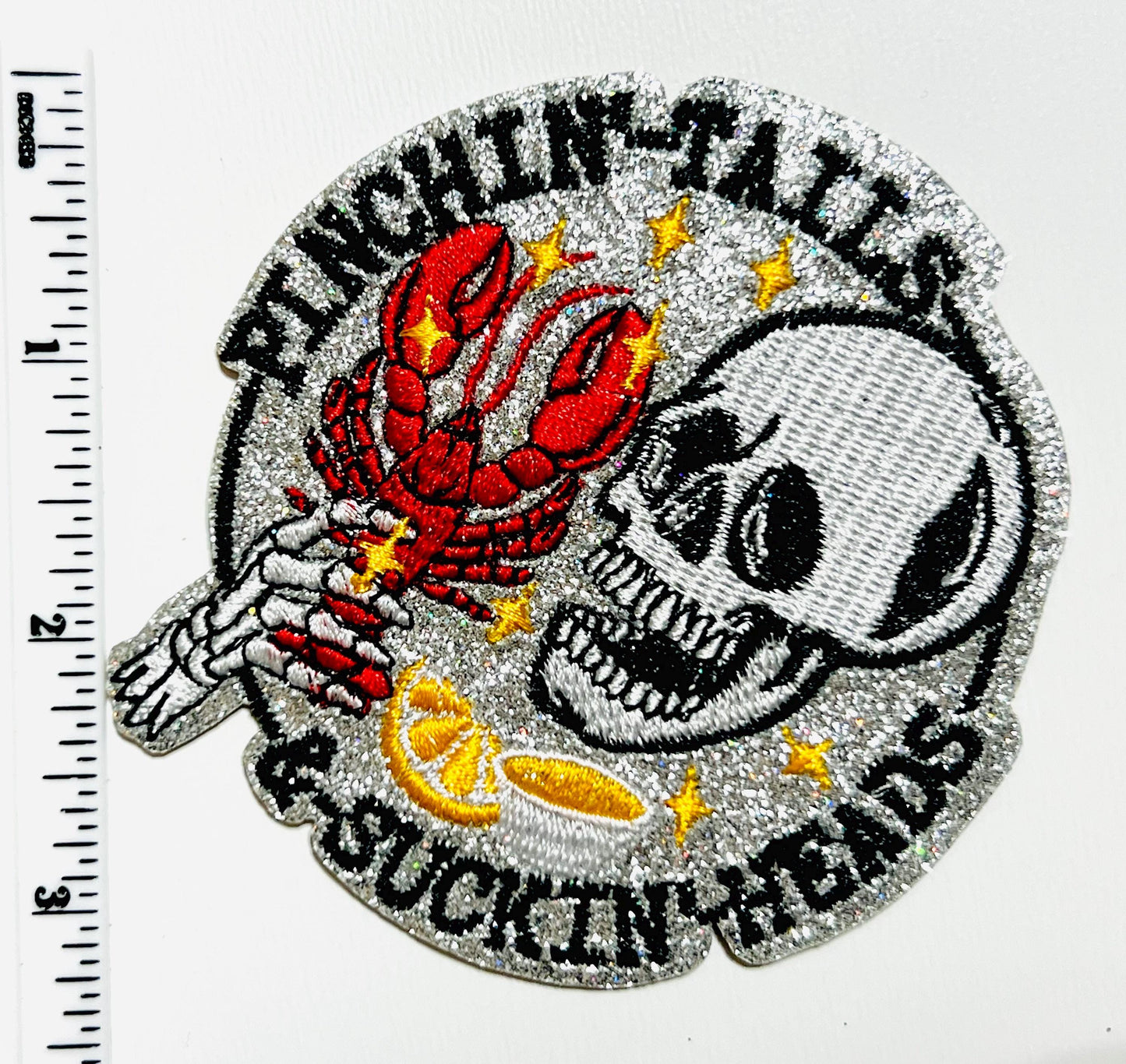 Pinchin tails & suckin heads crawfish patch - Embroidered DIY Iron on patch with glitter