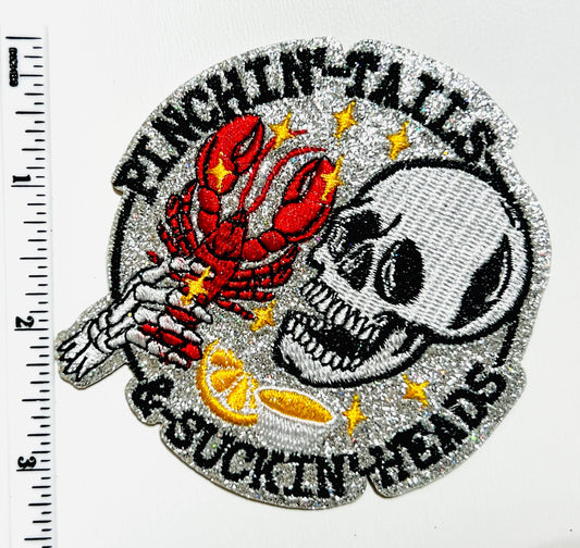Pinchin tails & suckin heads crawfish patch - Embroidered DIY Iron on patch with glitter