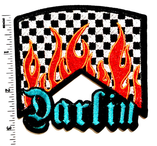 Darlin checkered with flames patch - Embroidered Iron-On Patch